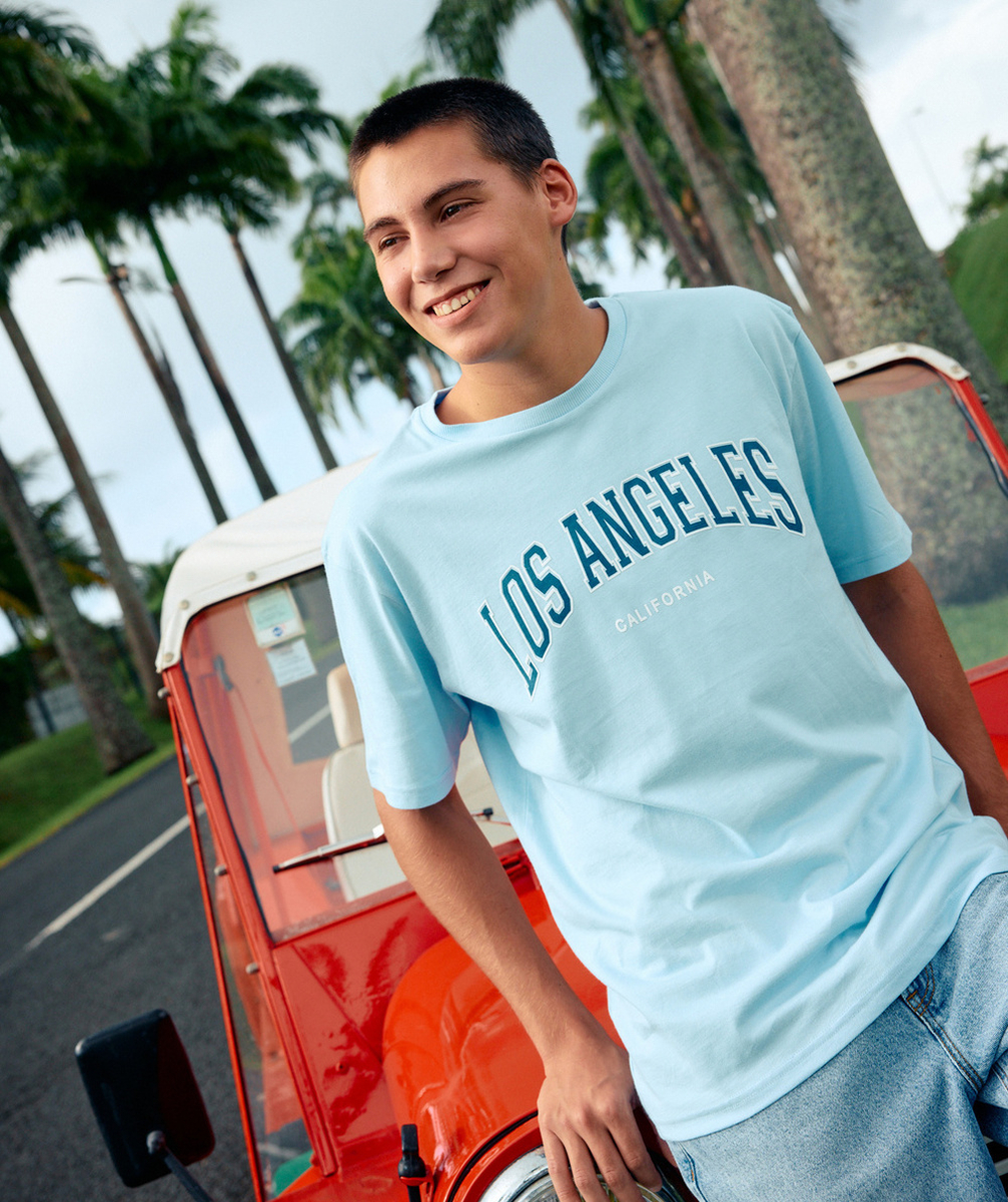 t-shirt manches courtes garçon en coton bio bleu ciel thème los angeles
