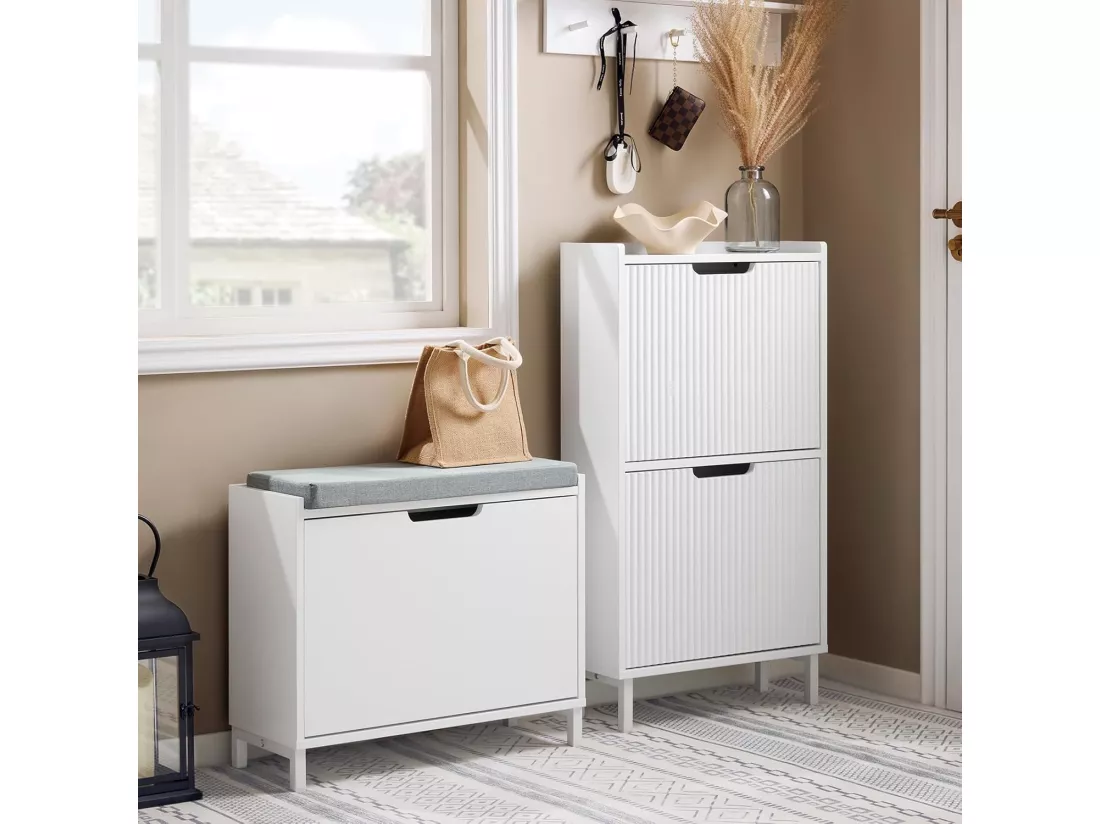 SoBuy Banc Chaussures, Rangement pour Chaussures, Armoire à Chaussures, Meuble d'entrée, Coffre avec 1 Abattants et 1 Coussin, Blanc, L60xP24xH52 cm, FSR151-K-W