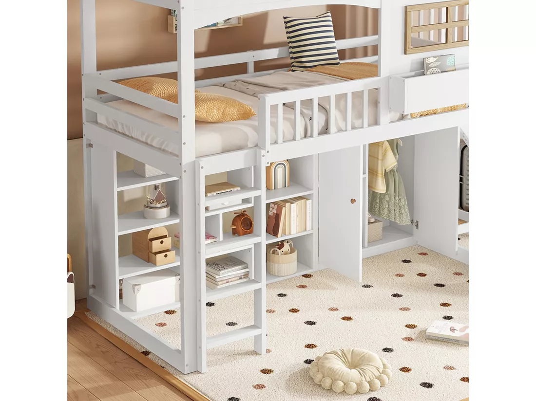 Lit mezzanine en bois et MDF - 90x200 cm - avec étagères、armoire et toboggan - Blanc