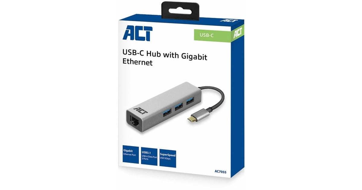 ACT Connectivity3-Poorts USB-C 3.2 (USB 3.0) Hub met Gigabit ethernet poort usb-hub  (Grijs)