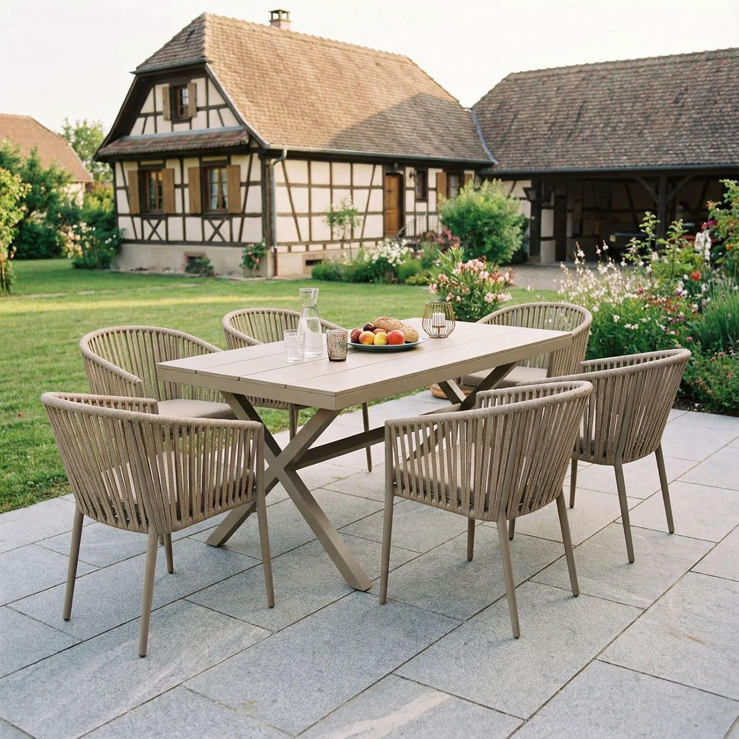 CARO-Möbel Gartenmöbelset ISOLA mit Tisch und 6 Stühlen, inkl. Sitzkissen, Tisch und Stühle aus Alu, bespannt mit Rope, Tischplatte aus WPC in Holzoptik Natur, Terassenmöbel.