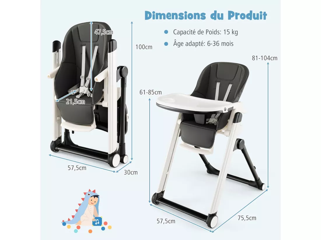 Chaise Haute Bébé Pliable Multifonctionnelle, Chaise d'Alimentation avec Double Plateau Réglable, 7 Hauteurs et 5 Angles d'Inclinaison, Roues Verrouillables, 6-36 Mois, Max 15KG, Gris Foncé