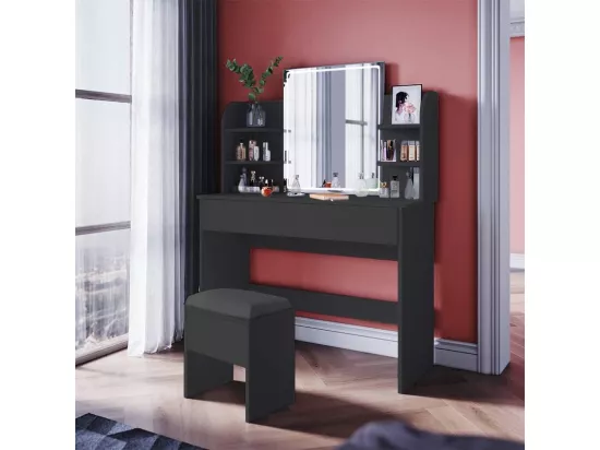 Coiffeuse table de maquillage moderne noire miroir LED ESMERALDA