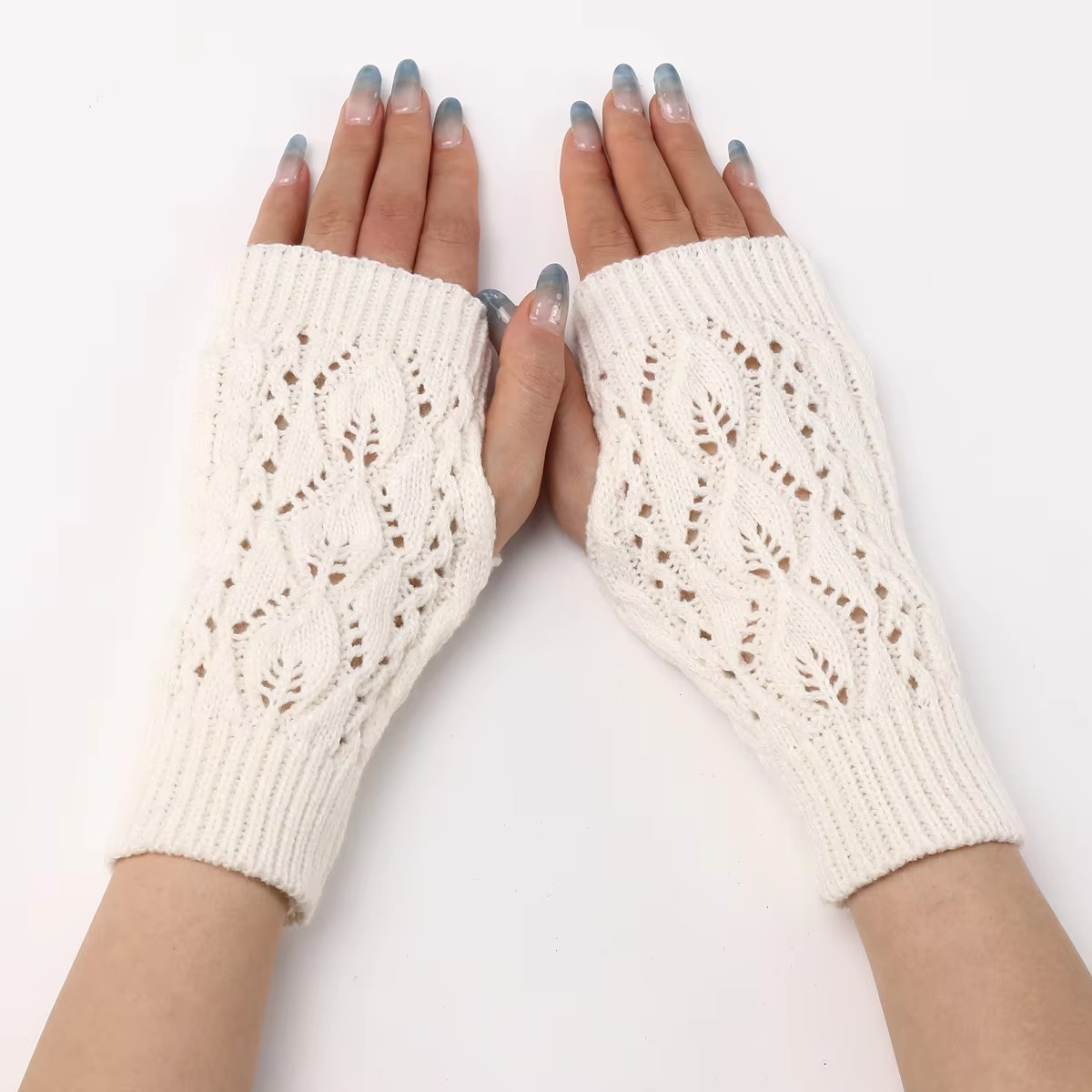 (1 Paar) Damen Armstulpen Strick Accessoire Fingerlose Handschuhe (One Size) - Weiss