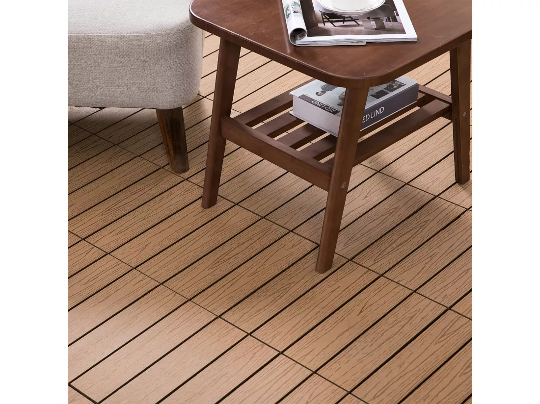 Caillebotis - dalles terrasse - lot de 11 - clipsables, installation très simple - lamelles composite aspect bois de teck