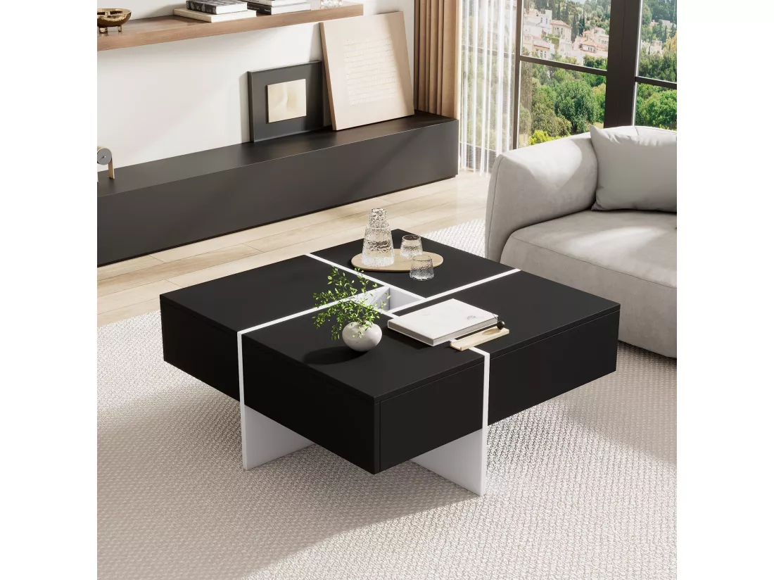 Table basse carrée avec rangement central, noire,d70cm×h35cm