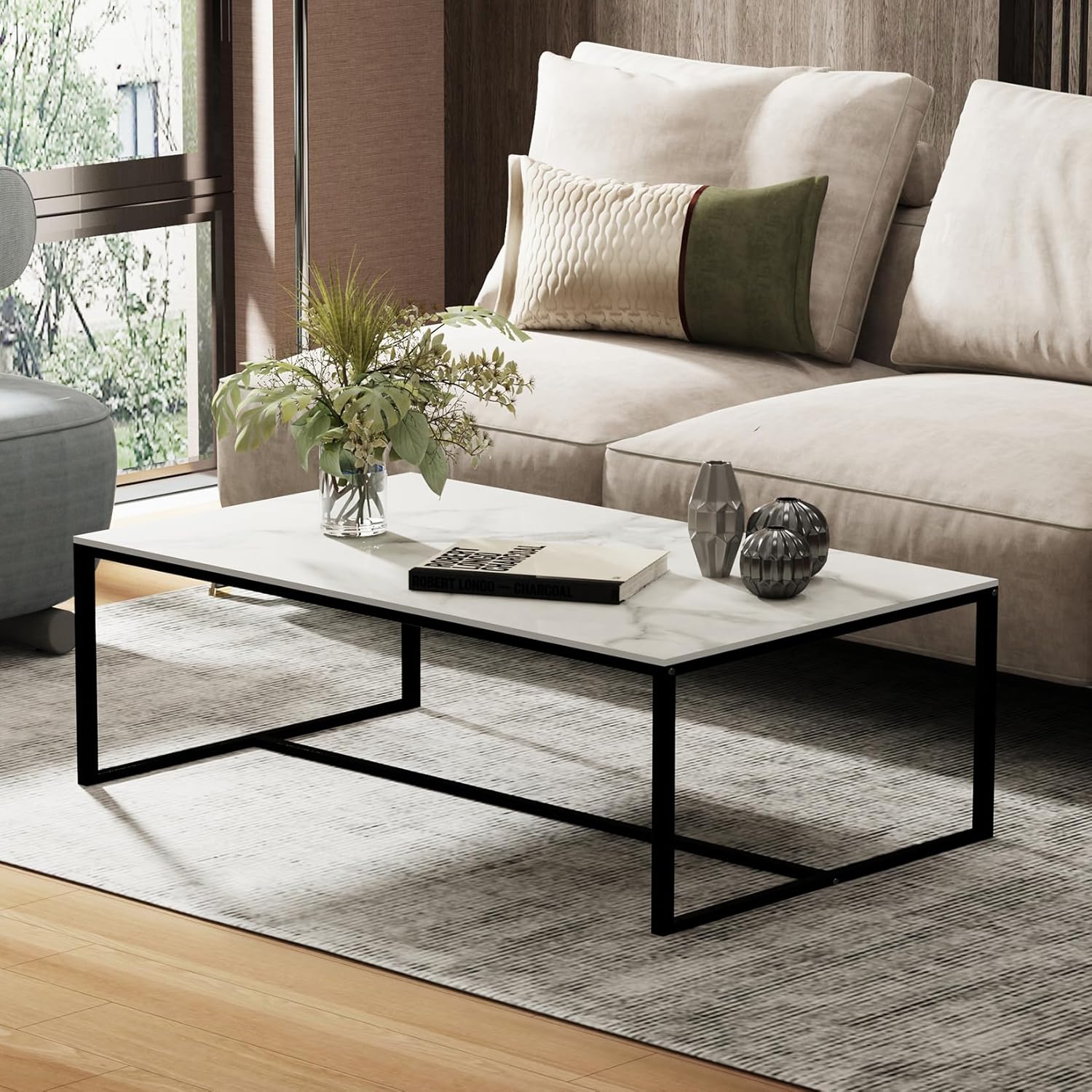 FATIVO Couchtisch Marmor Weiß Modern: Rechteckiger Skandinavisch Kaffeetisch Wohnzimmertisch mit schwarz Metallgestell - Beistelltisch für Wohnzimmer 100x60x40cm