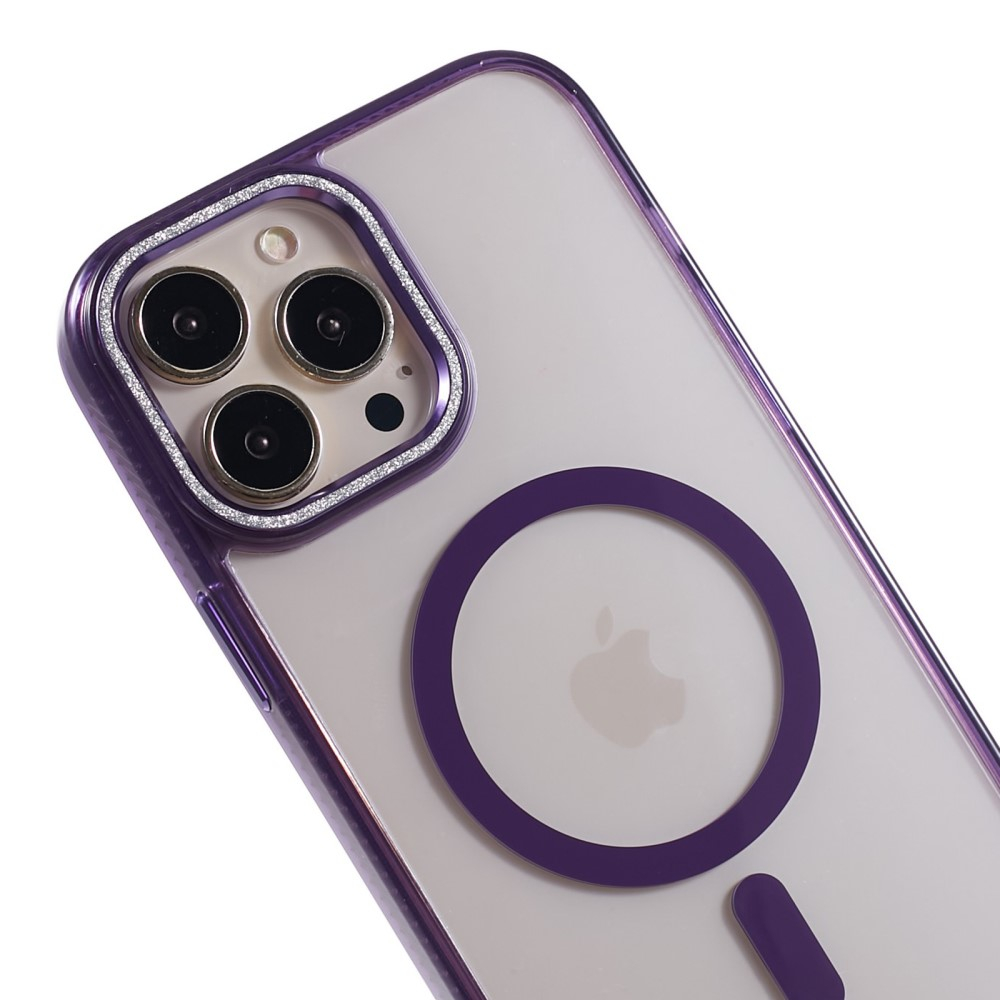 iPhone 14 Pro Max MagSafe Gummi Case Hülle mit Glitzer Aluminium Kameraschutz - Lila / Transparent