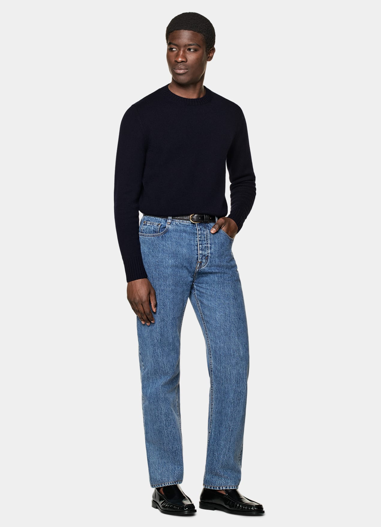 Pull col rond bleu marine