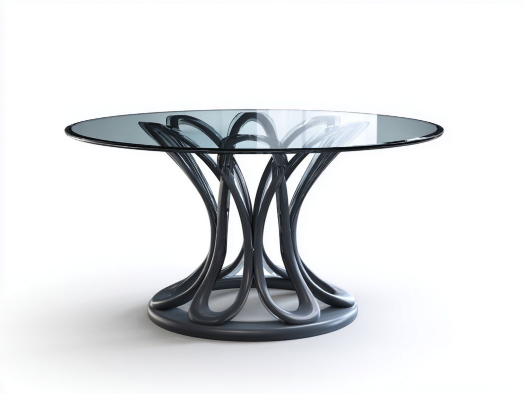 Table ronde en verre avec piètement métallique courbé