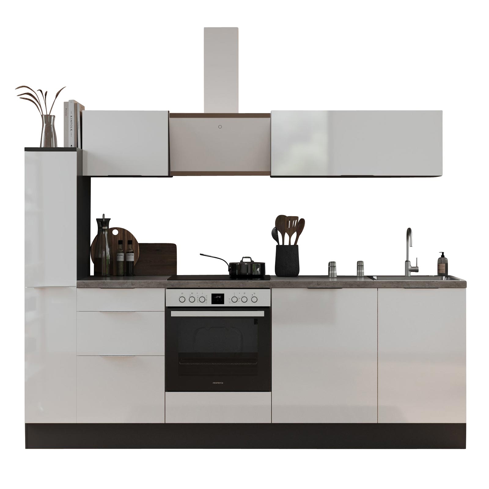 RESPEKTA Küchenblock - weiß Hochglanz - grau matt - mit E-Geräten - 250 cm