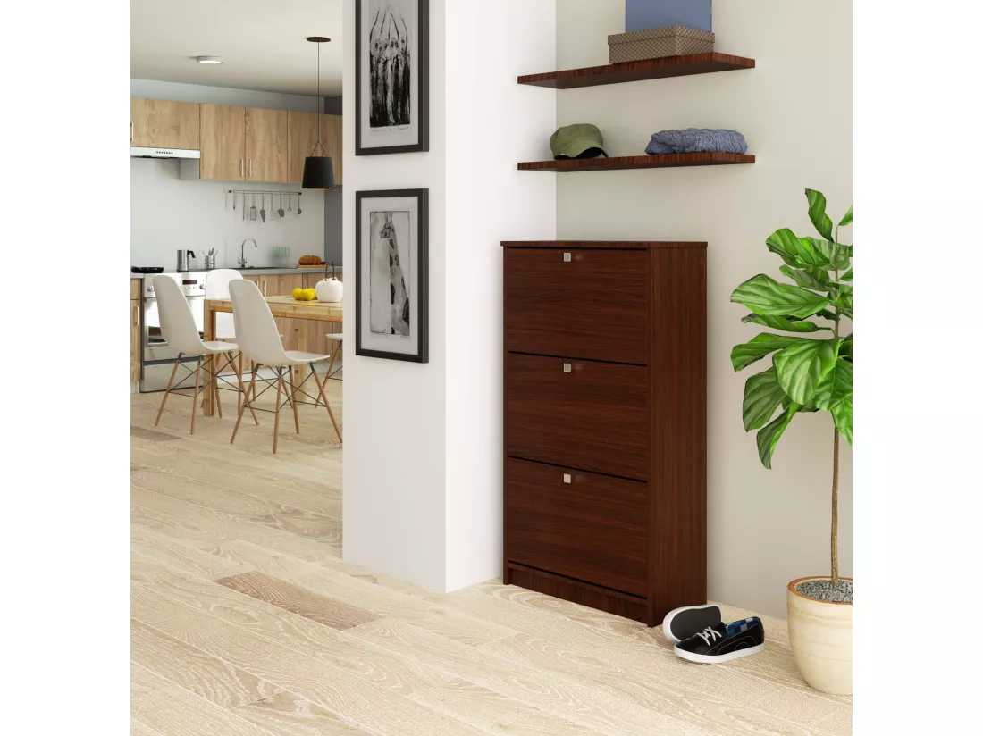 Meuble à chaussures AKORD Wengé 60 cm 3 portes façade Wengé 3 étagères 60x28,5x113 cm