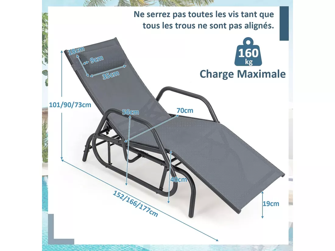 Bain de Soleil Design à Glissement à Dossier Réglable 3 Positions, Transat Jardin Extérieur Cadre Métal avec Accoudoirs, Oreiller, Chaise Longue Jardin Extérieur pour Patio Cour Balcon (Gris)