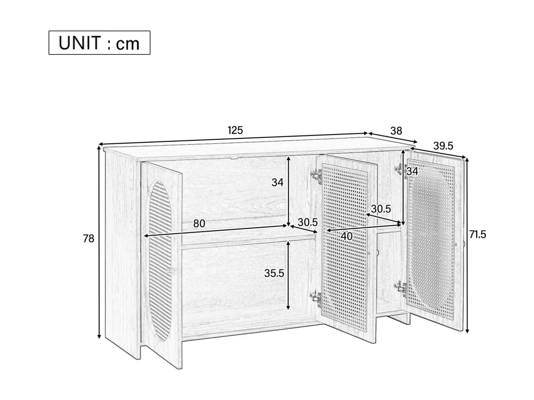 Buffet 3 portes en rotin avec étagères réglables - en MDF - Blanc
