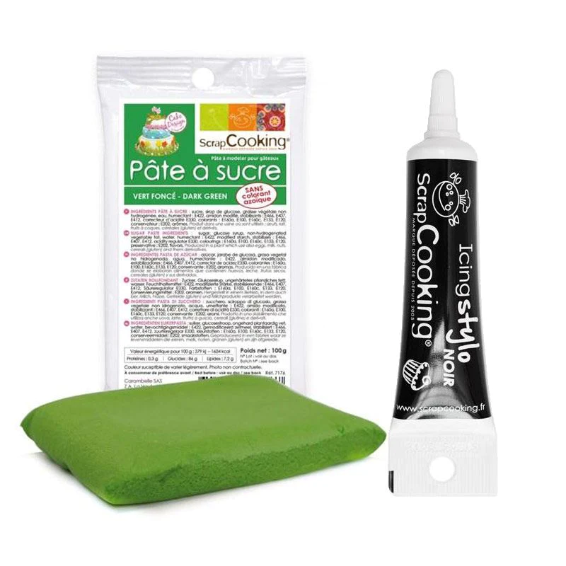 Pâte à sucre vert foncé 100 g + Stylo de glaçage noir Scrapcooking