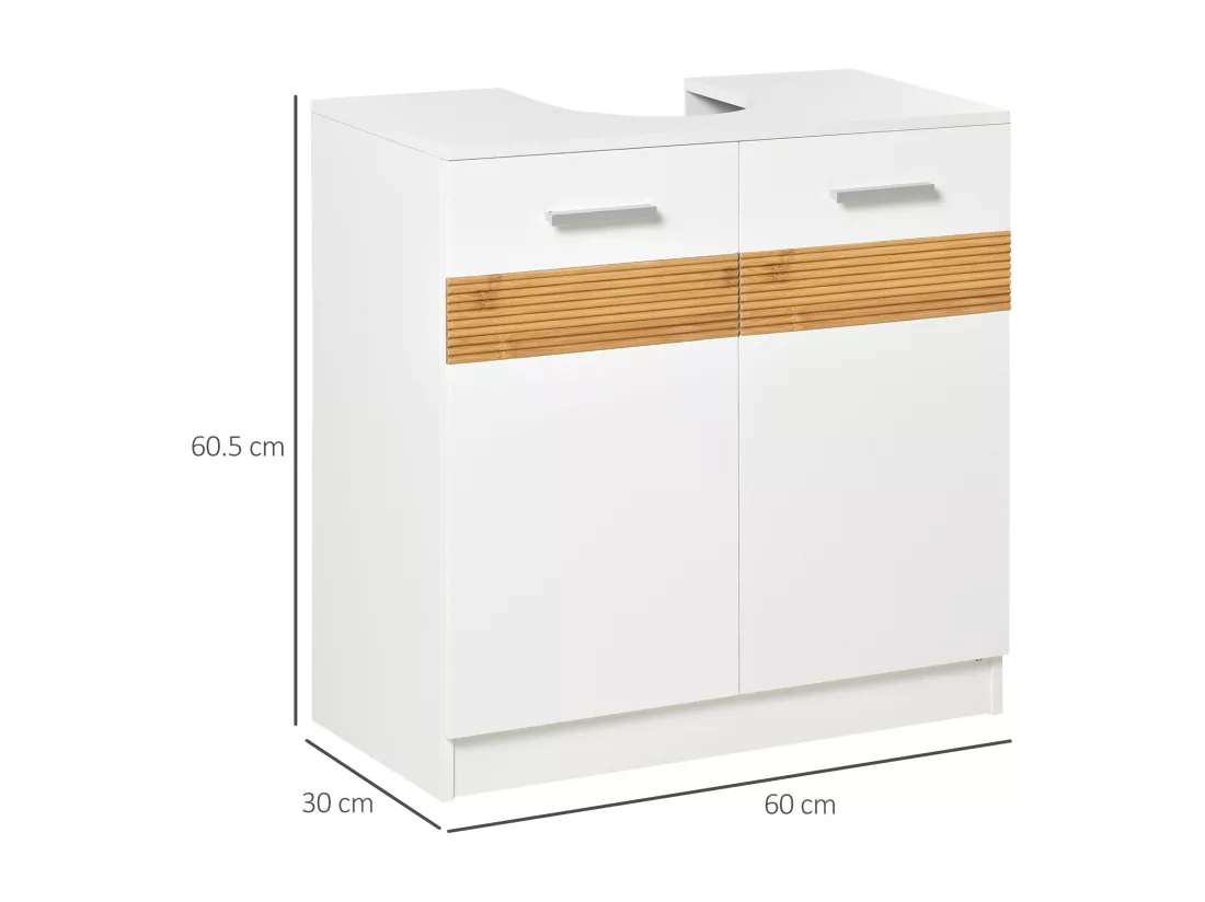Meuble vasque style cosy chic bandeau 10 bambous placard 2 portes avec étagère MDF dim. 60L x 30l x 60,5H cm blanc