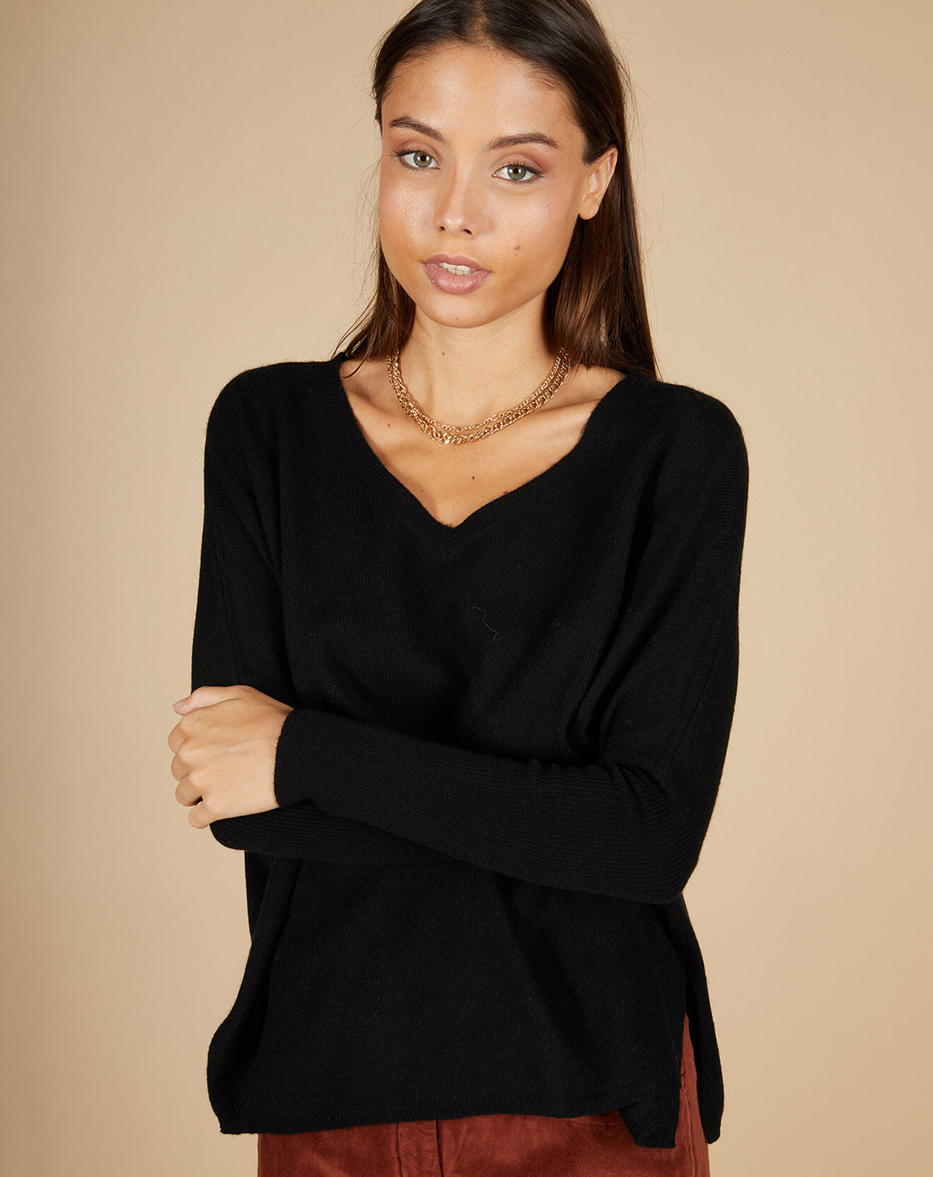 Cashmere Tribu Pull poncho 100% Cachemire Emma col V noir