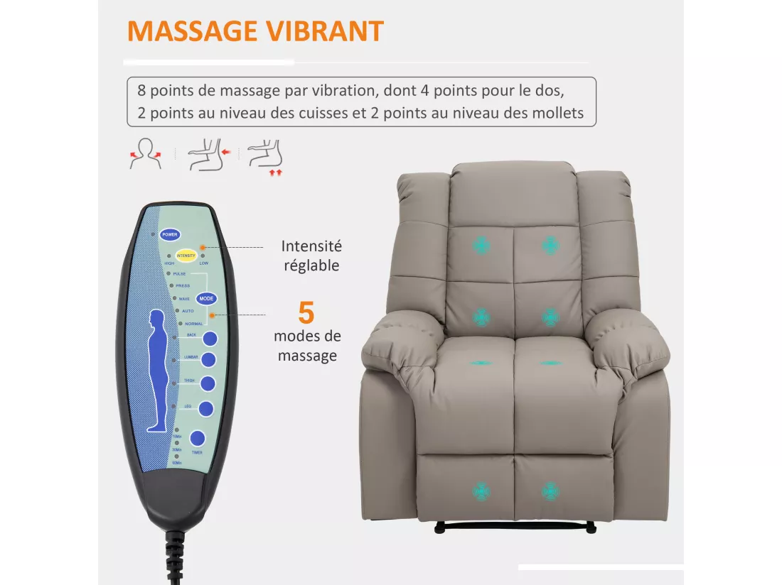 Fauteuil luxe de relaxation et massage inclinaison dossier repose-pied réglable revêtement synthétique gris