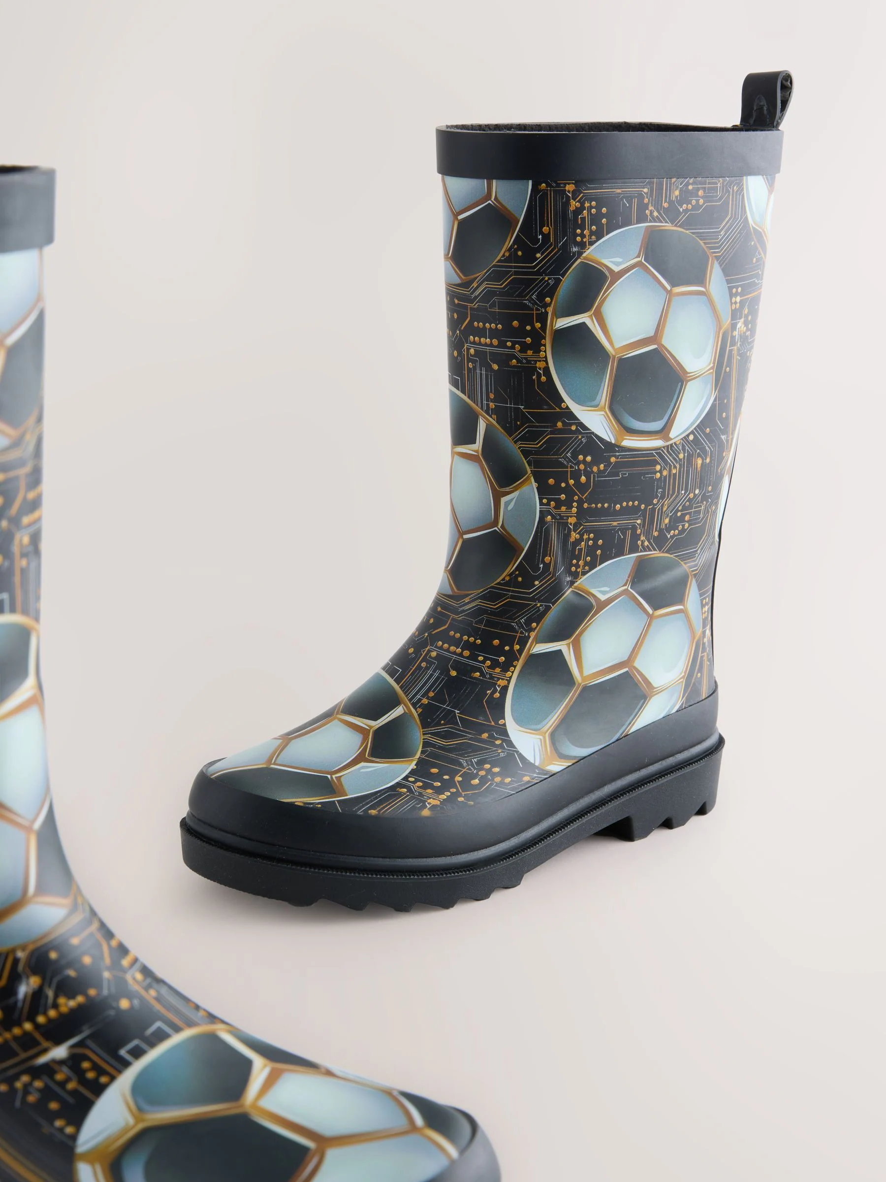 Zwart met goudkleurige voetbal - Rubberen regenlaarzen