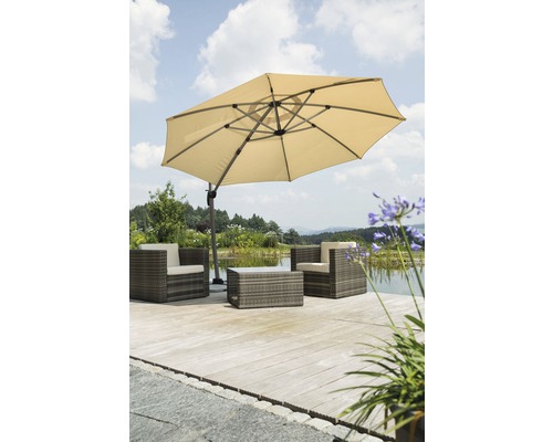 Schneider Rhodos Rondo zweefparasol, 390 x 350 x 280 cm, polyester 200 g/m², zand