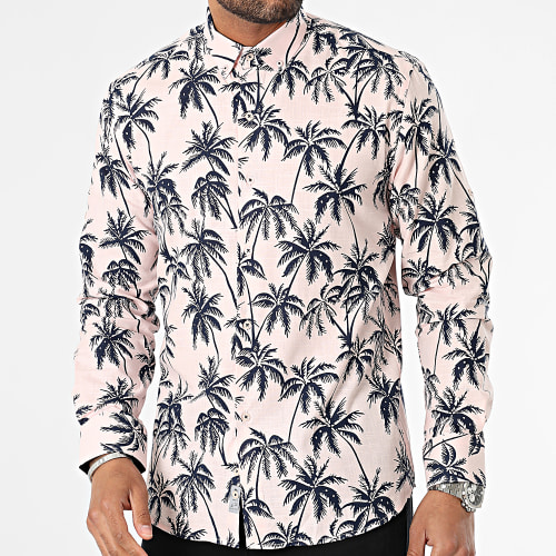 Chemise Manches Longues Floral Rose Bleu Marine