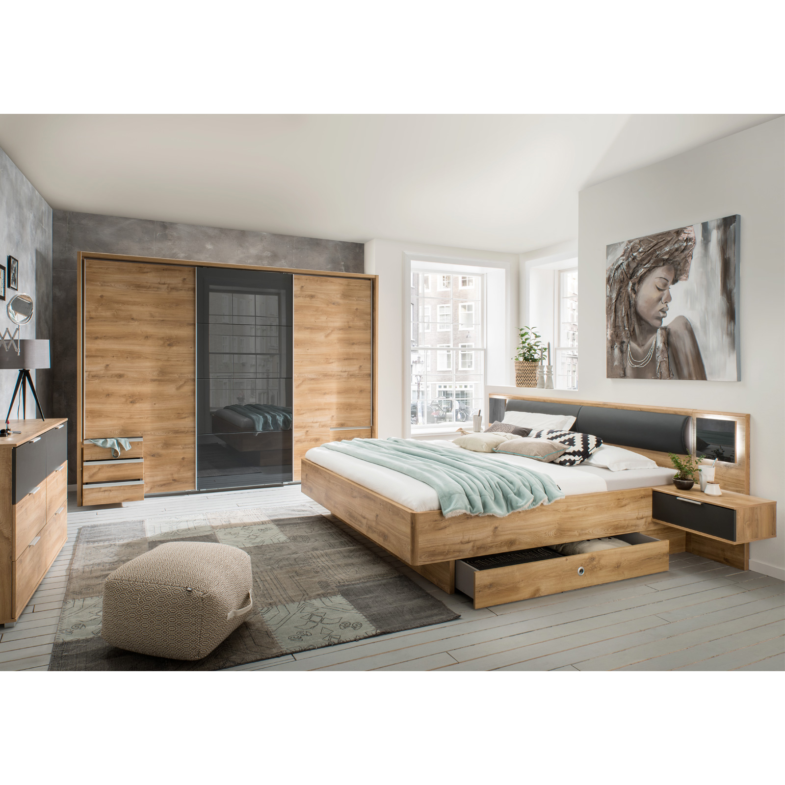 Schwebetürenschrank - Plankeneiche - Graphit - 270 cm breit