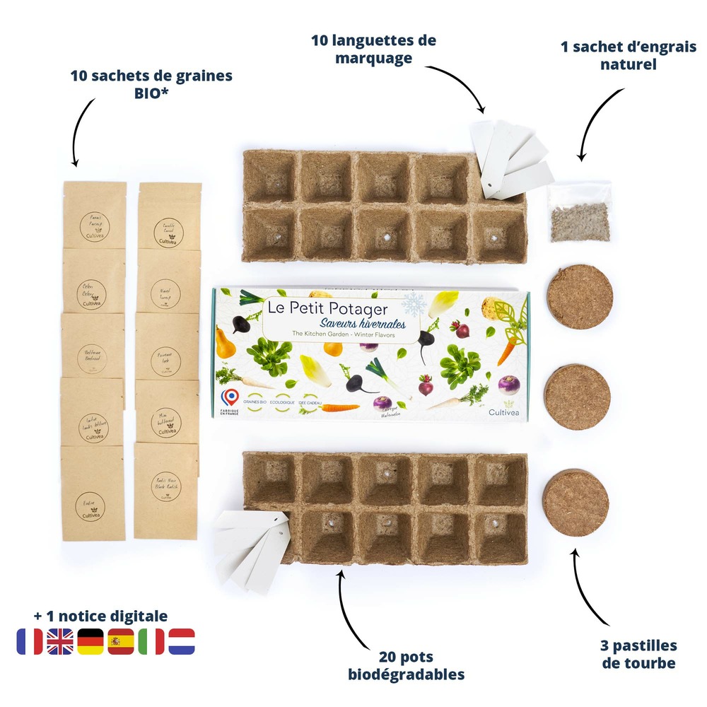 Cultivea kit prêt à pousser petit potager saveurs hivernales - poireaux, carottes, navet, radis, endive, betterave