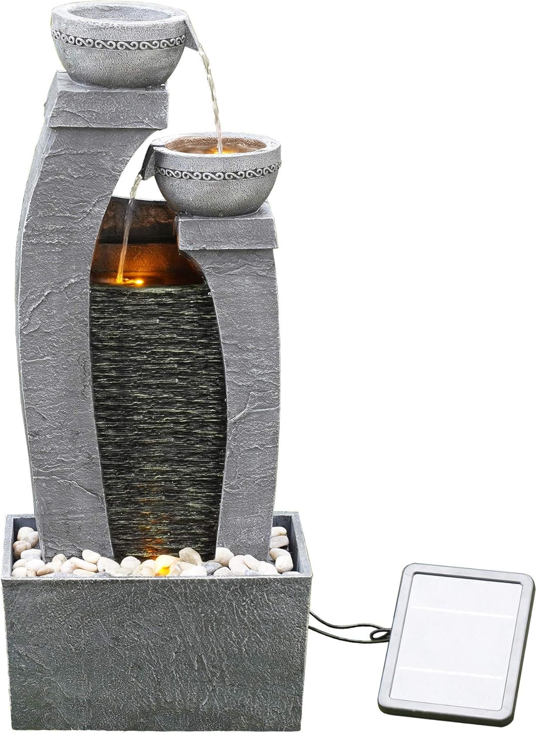 Teamson Home Garden & Outdoor Solarbetriebenes Wasserspiel mit Lichtern, kaskadierendem Springbrunnen, schiefergrauem Wasserfall-Dekor für den Innenbereich und Batterie-Backup