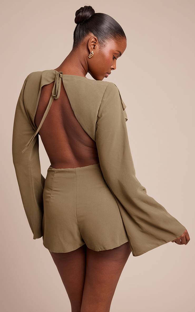 Vert Olive Combinaison-short Col V À Détails Volantés
