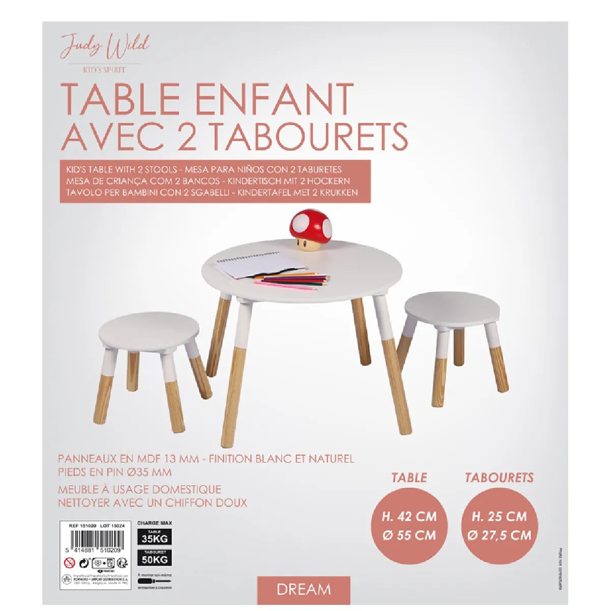 Toilinux Tolinux Table Dream et tabourets - Blanc et bois