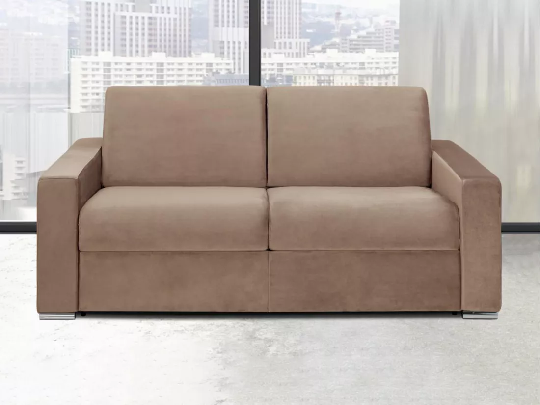 Canapé 3 places convertible express en velours beige - Couchage lattes larges 140 cm - Matelas 22 cm avec mémoire de forme CALITO