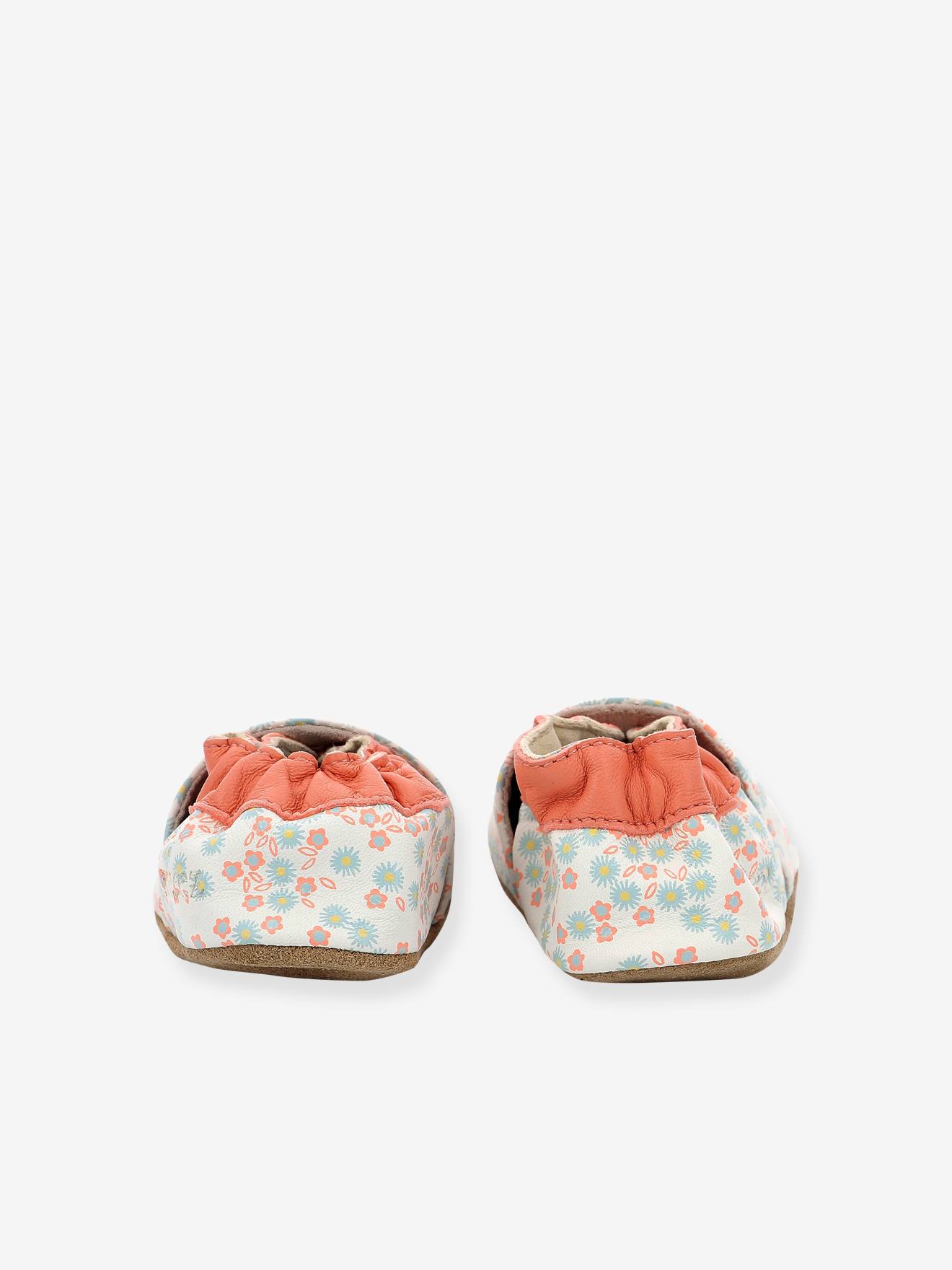 ROBEEZ© Pantufas de Bebê em Couro Flexível com Estampa de Margaridas Brancas para o Verão