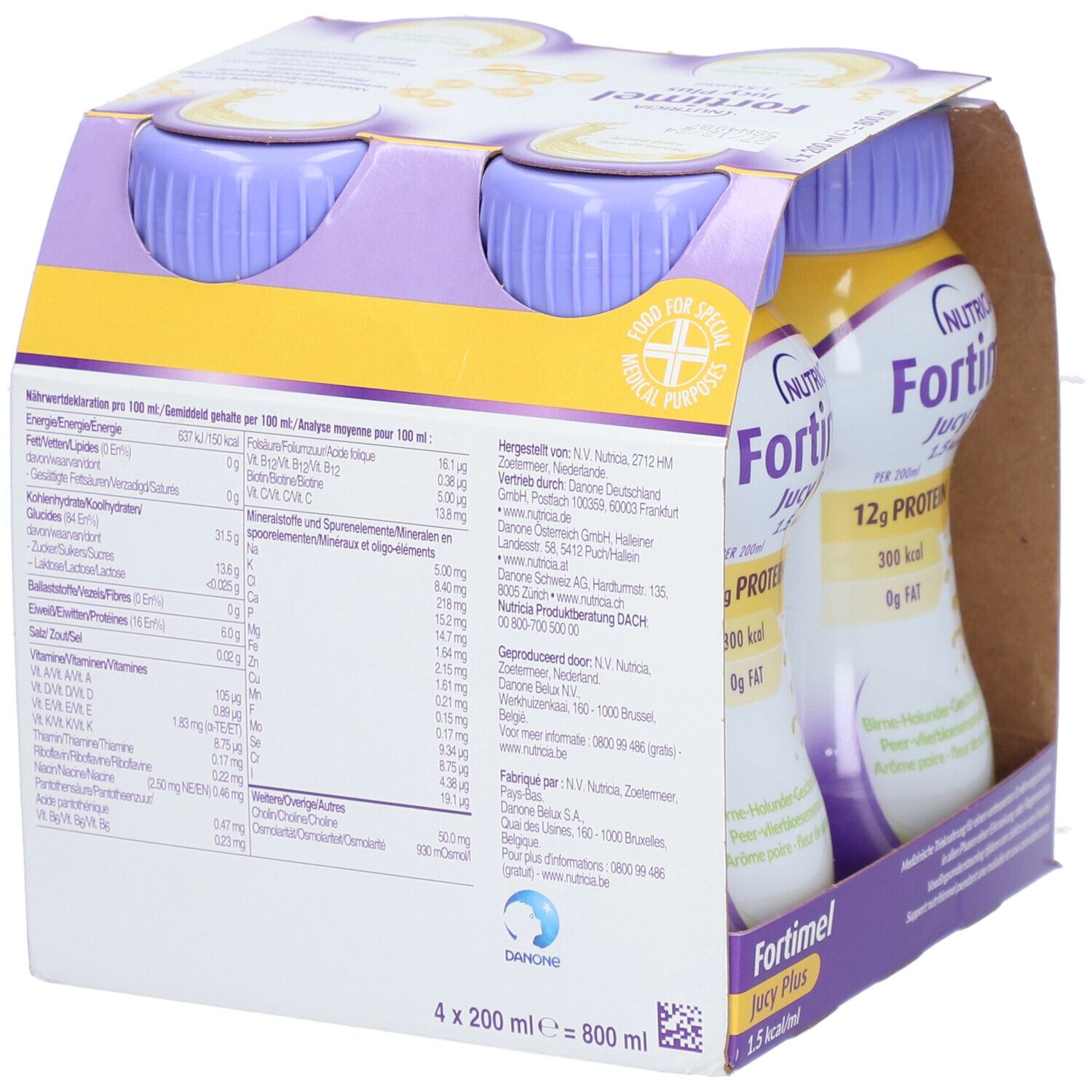 Fortimel® Jucy Plus Birne-Holunder – Hochkalorische Trinknahrung mit vielen wichtigen Nährstoffen – 300 kcal und 12 g Eiweiß pro Flasche