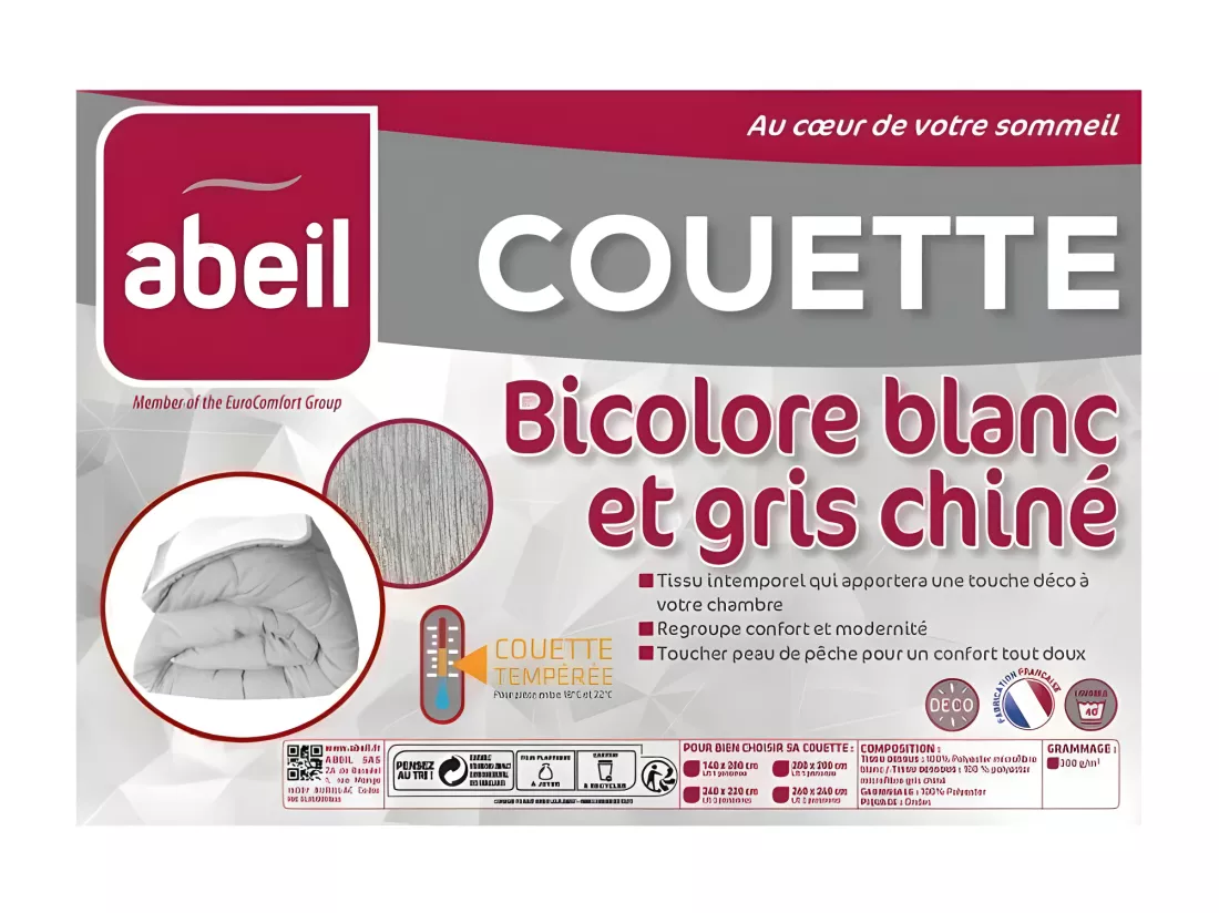 ABEIL Couette temperee BICOLORE 220x240cm - Blanc + Gris chine