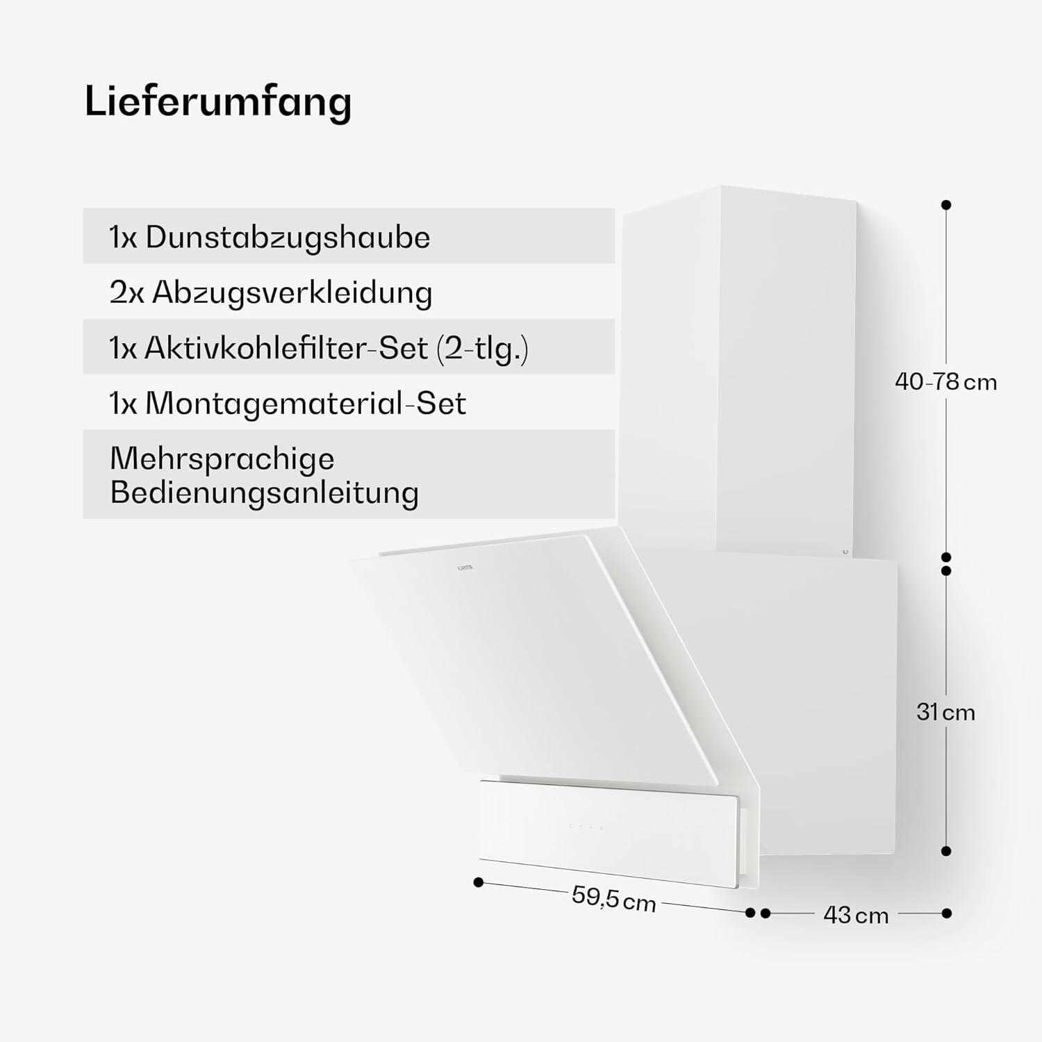 Klarstein Velaire Dunstabzugshaube 60 cm - Kopffreihaube, 820 m³/h Boost, A++ Energieeffizienz, Touch-Bedienung, LED, leise, Aluminium- & Aktivkohlefilter, Abzugshaube Küche, Weiß