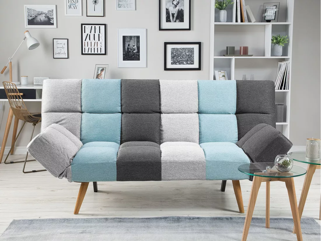 Canapé convertible 3 places en tissu gris et bleu INGARO