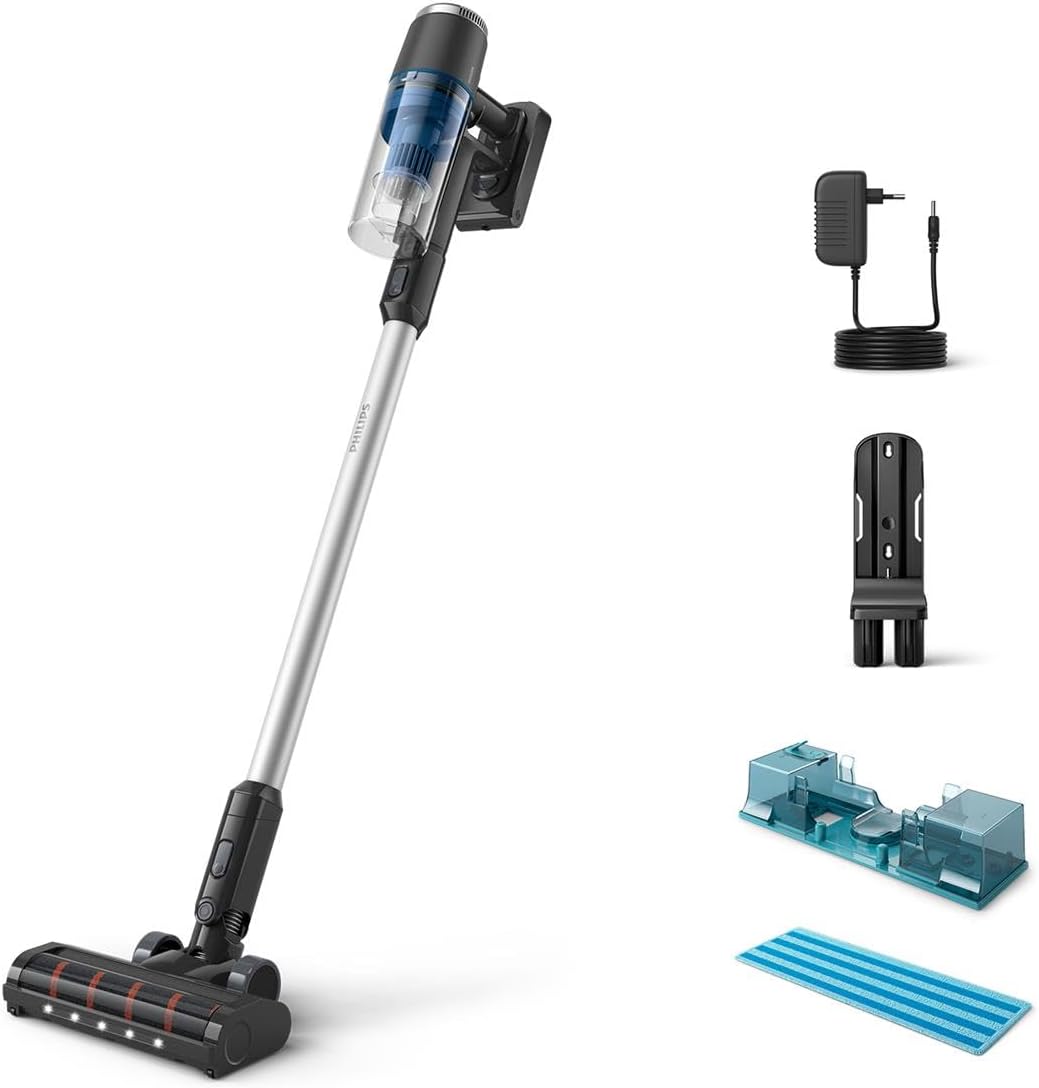 Philips Kabelloser Akku-Staubsauger 3000 Serie Aqua, Staubsaugen und Wischen, Integrierter Handstaubsauger, Leicht 1,5kg, Präzise LED-Düse, 60 Min Laufzeit, Abnehmbarer Akku, PowerCyclone8 (XC3132/01)