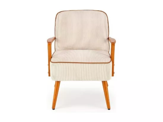 Fauteuil lounge en tissu beige avec pieds en bois de noyer GAEL