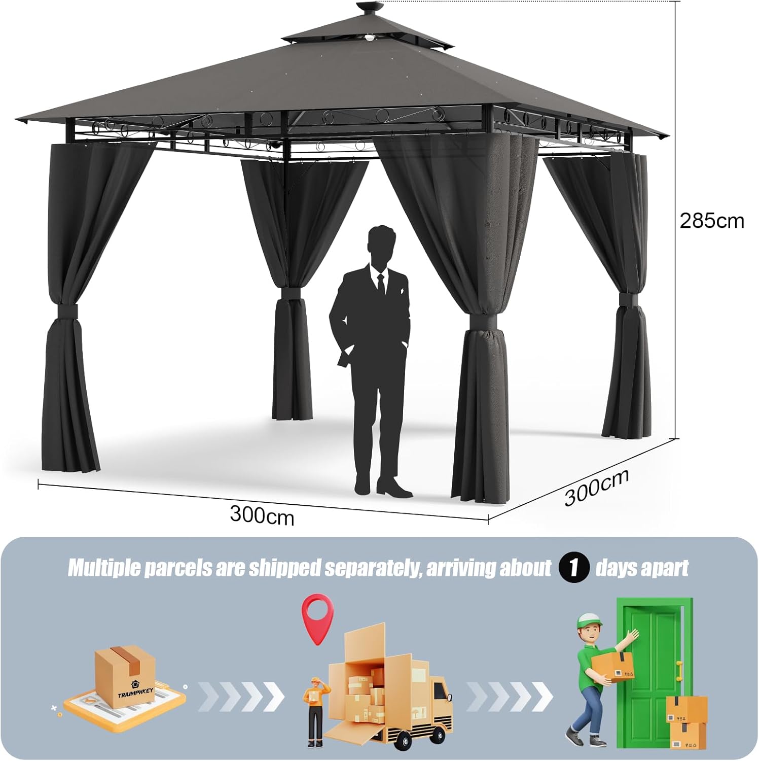 Pavillon 3x3 Wasserdicht Stabil Winterfest, Garten Pavillion mit seitenwänden, UV-Schutz 50+, Plane Gartenlaube, Metallrahmen Pavillon, Patio Gazebo, Grau