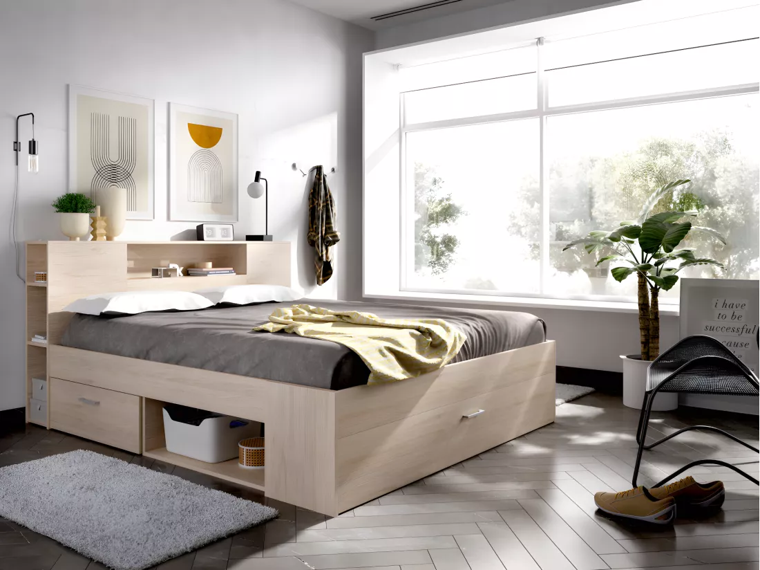 Lit avec tête de lit rangements et tiroirs - 140 x 190 cm - Coloris : Naturel + Sommier - LEANDRE
