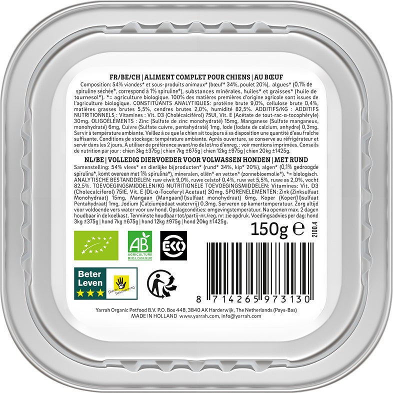 Yarrah biologisch hondenvoer paté rund en kip 150 g