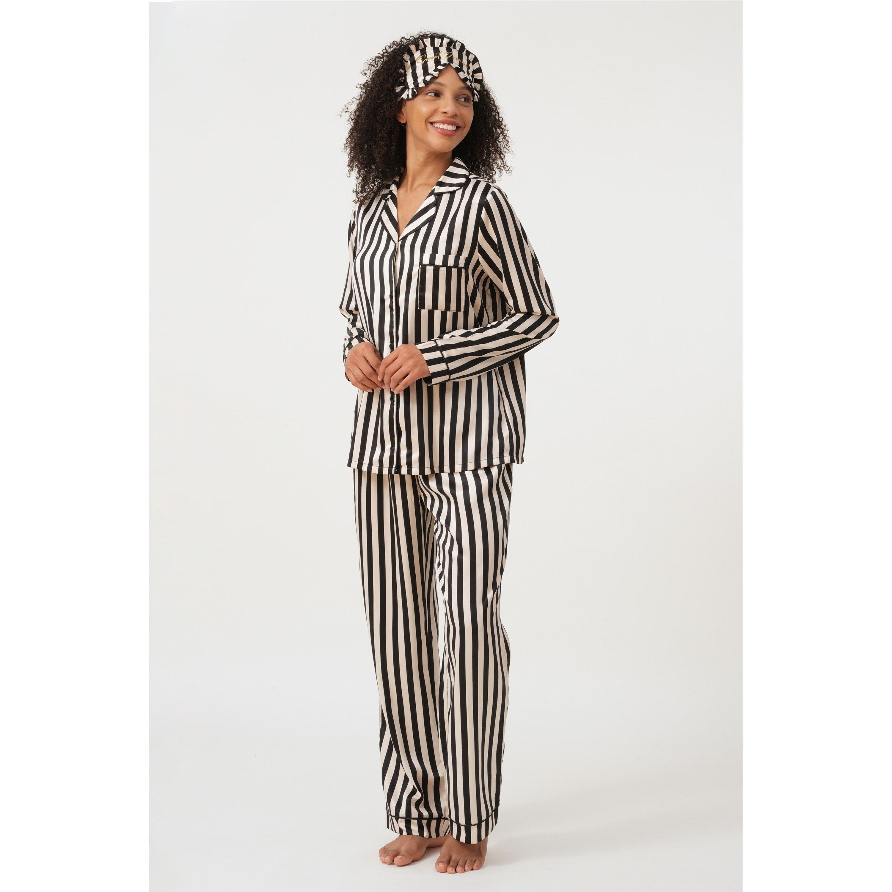 Linea Ladies Stripe Satin Pyjama and Eye Mask Set