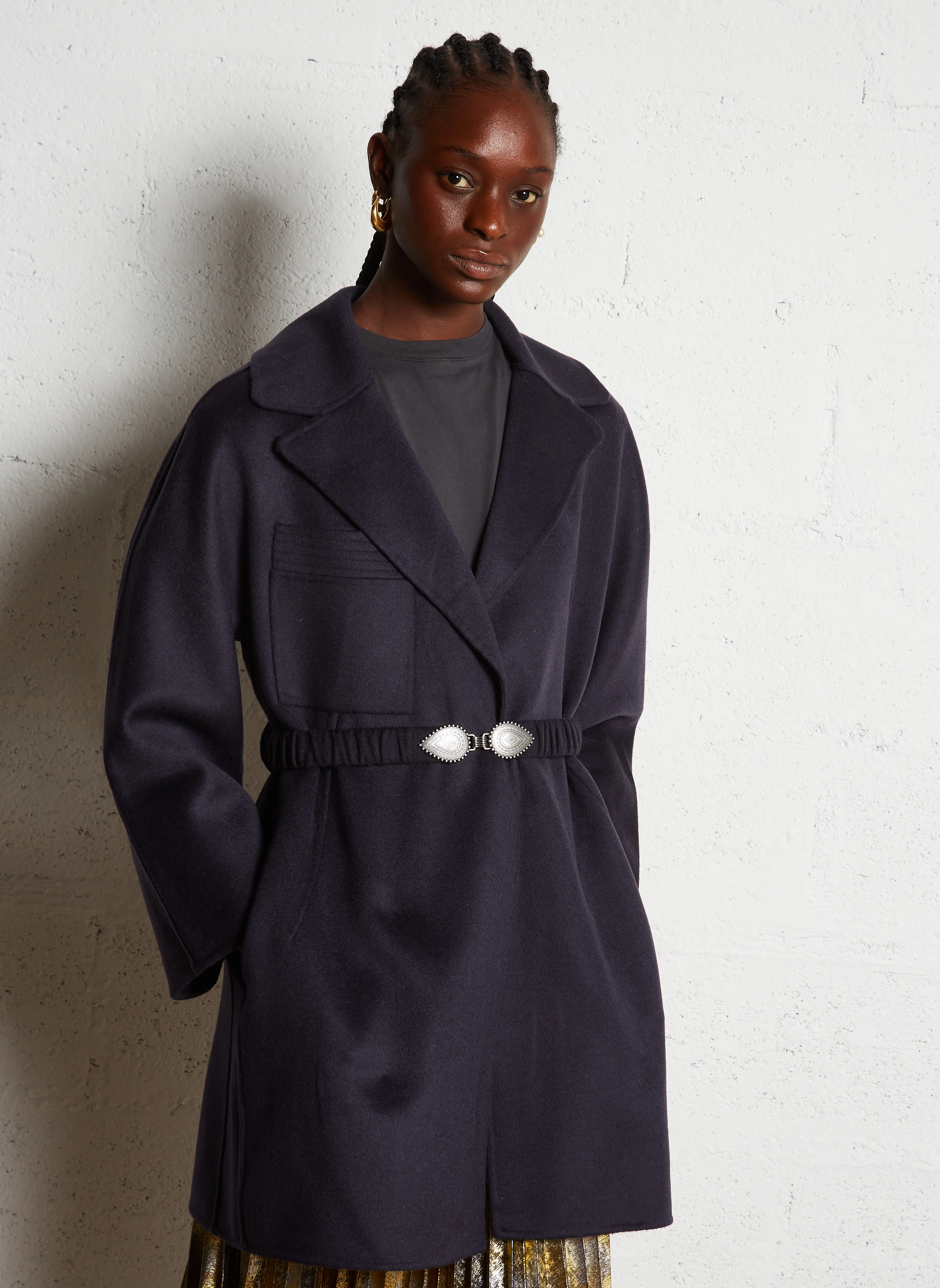 KARA - Manteau droit col tailleur en laine mélangée | Bleu