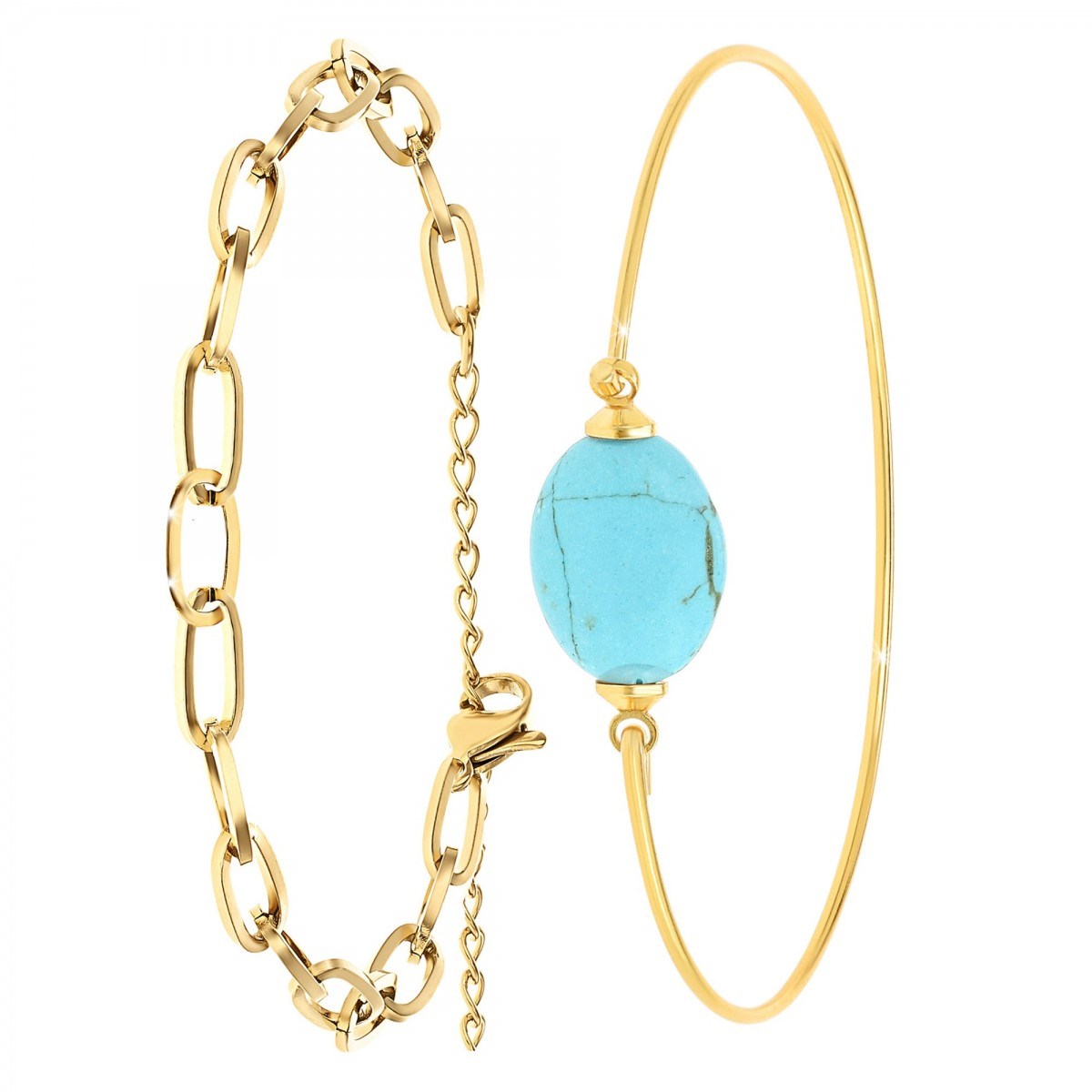 Lot de 2 bracelets SC Bohème en Laiton Finement doré orné d'une pierre naturelle Turquoise