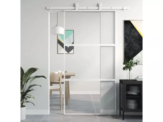Porte coulissante blanc 102,5x205 cm verre trempé aluminium