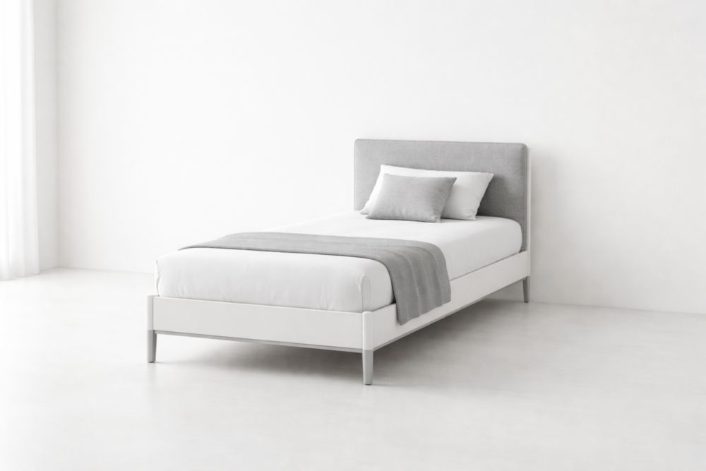 Stahlbett Einzelbett mit grauem Stoffkopfteil