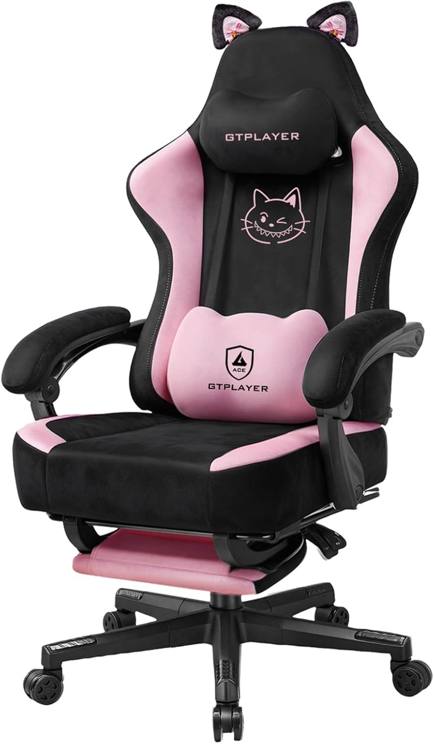 GTPLAYER Niedlicher Gaming Stuhl mit Samtstoff, Gaming Chair, ergonomischer Bürostuhl Gamer Stuhl mit Katzenohren, Memory-Schaum und Fußstütze, 150kg, Rosa