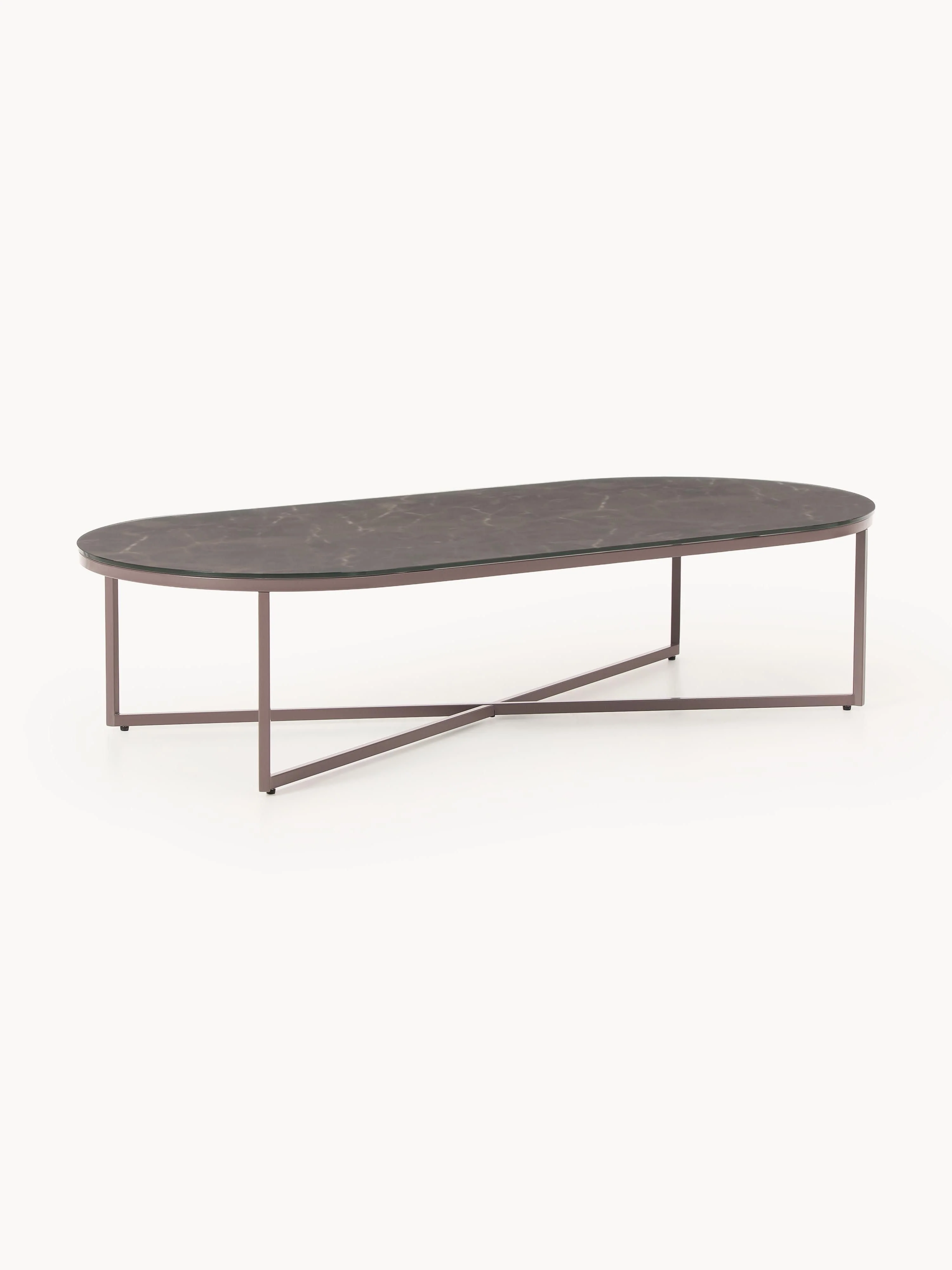 Ovale salontafel Antigua met glazen tafelblad in marmerlook