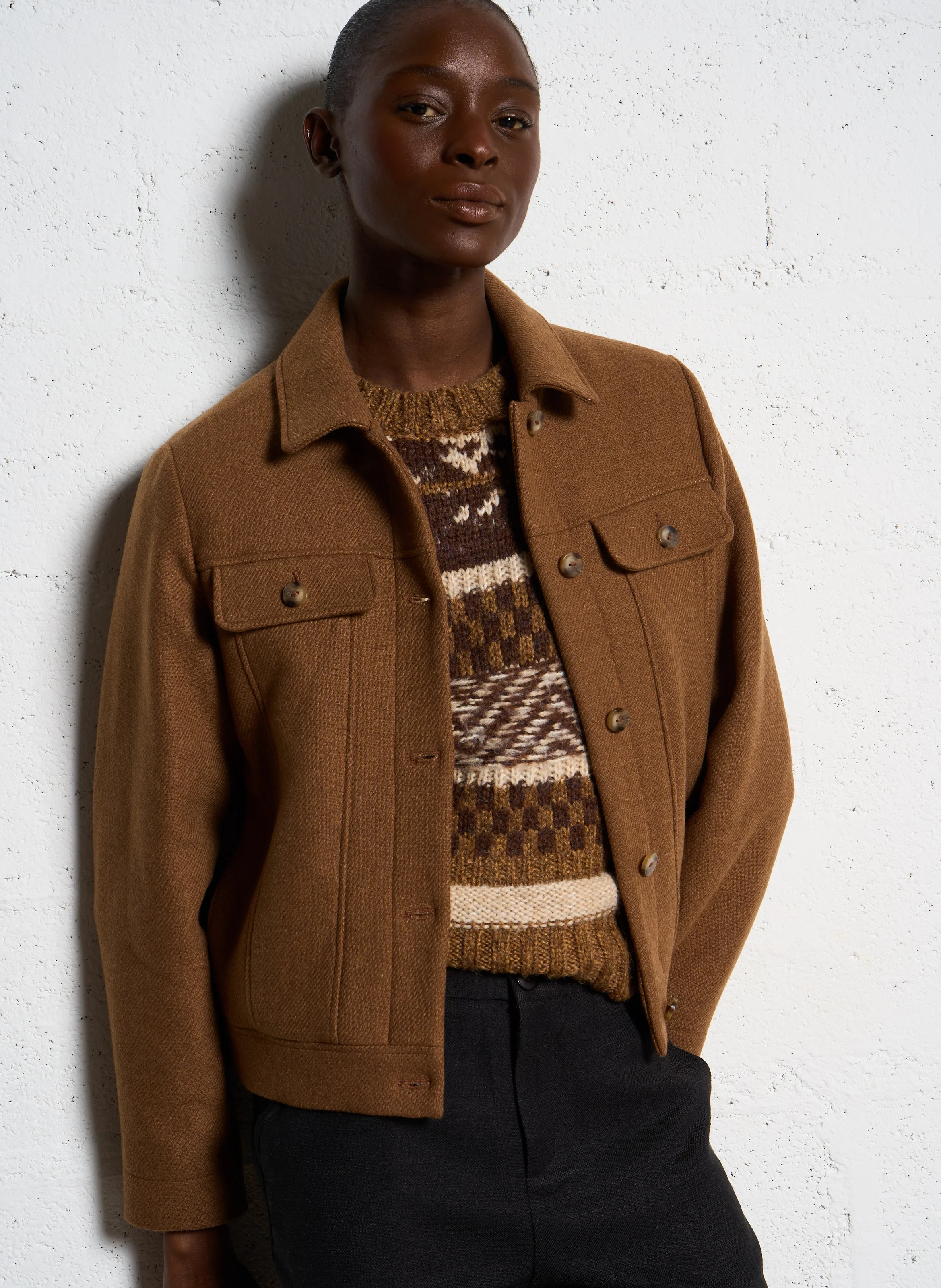 Manteau court fourré en laine mélangée | Marron