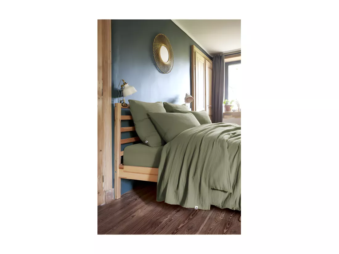 Drap plat 240 x 300 cm en double gaze de coton vert - PEPA